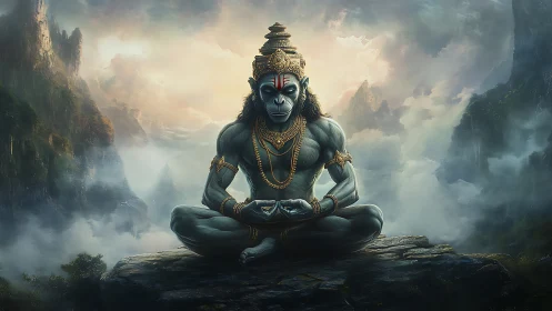 Mythic simian yogi sits in misted mountains, gold aglow.