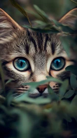 Tabby Cat with Striking Blue Eyes Among Green Foliage.