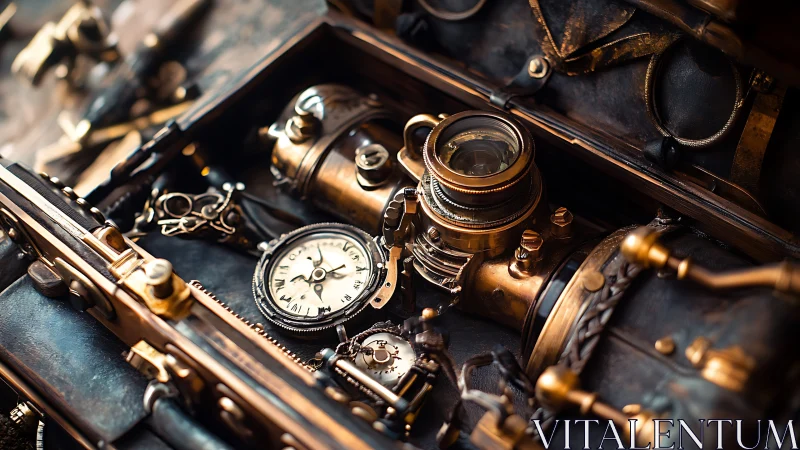 Steampunk navigation tools and brass instruments in case.