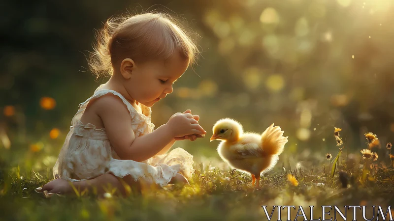 Sunlit meadow moment between curious child and chick.