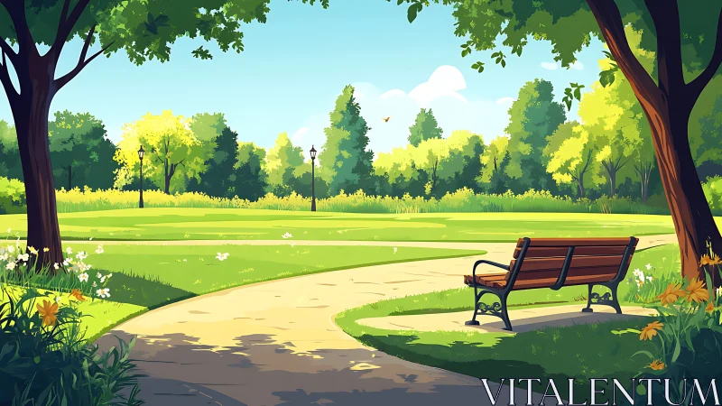 Sunlit park bench overlooks winding summer pathway.