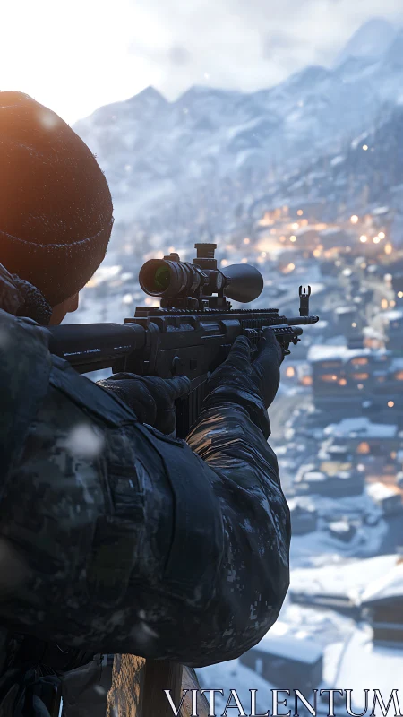 Sniper Takes Aim Over Alpine Winter Valley Below.
