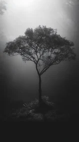 Solitary arboreal silhouette in high-contrast fog fieldscape.