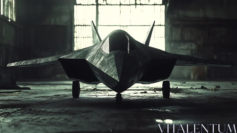 Stealth-style aircraft in dimly lit industrial hangar.