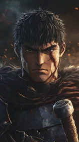 Scarred duskwarrior stares down fate in emberlit armor.