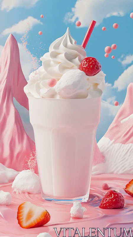 Milkshake stands amid stylized strawberries and whipped cream