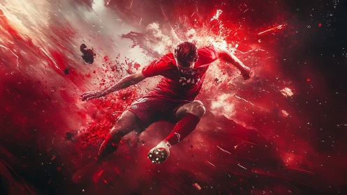 Dynamic football striker exploding through red particle field