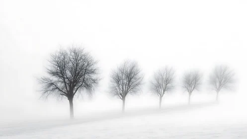 Row of leafless trees aligned in dense winter fog.