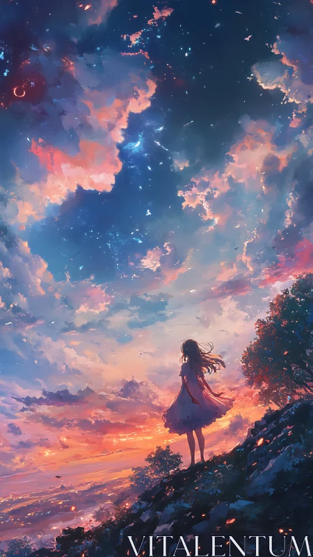 Silhouette of a girl under expansive dusk sky on hilltop.