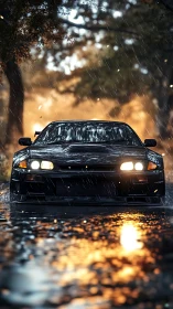 Midnight sports car cruising through a rainy forest road.