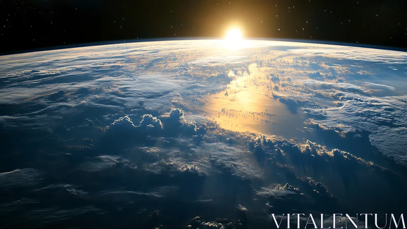 Low Earth orbit sunrise with specular ocean reflection and cloud relief