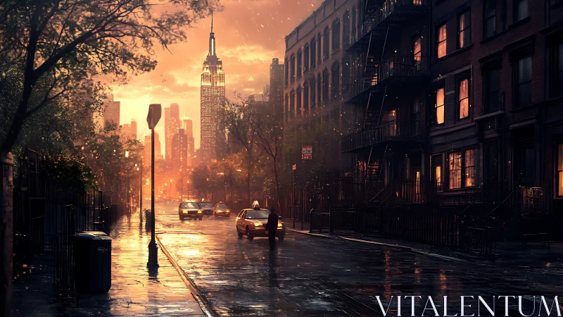 Rain-soaked New York street under volumetric sunset backlighting