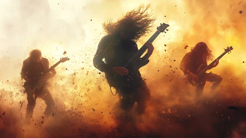 Metal band shredding amid explosive desert firestorm.