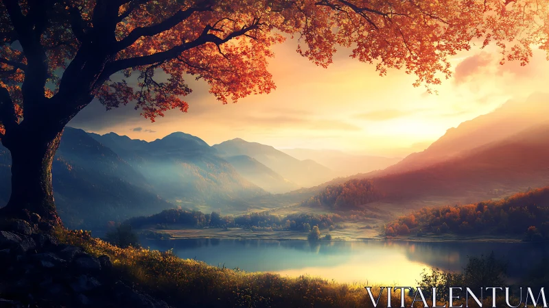 Golden hour over tranquil lake and autumn mountainscape.