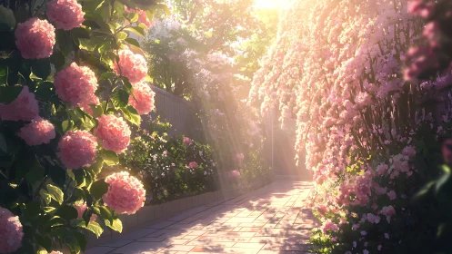 Sunlit garden path lined with pink hydrangeas and blossoms.