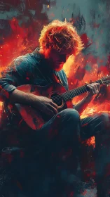 Guitarist glows in fiery abstract light while lost in melody