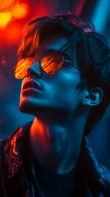 Neon portrait captures reflective sunglasses and cyan glow.