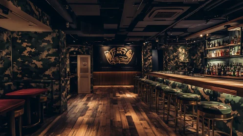 Camouflage-themed bar interior shows counter and seating