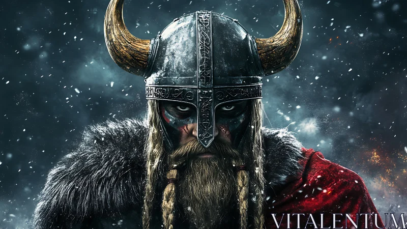 Stormlit Horned Raider Stares Through Blizzarding Fury.