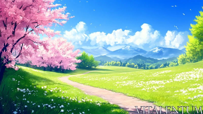 Spring path winds through cherry blossoms to distant peaks