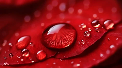 Macro water droplets on red flower petal with shallow focus