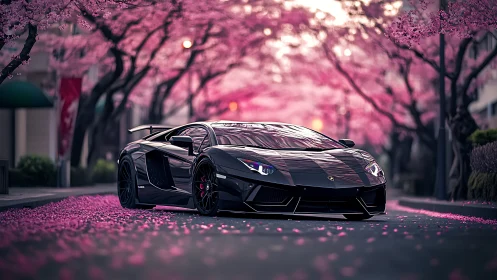 Low-slung black supercar under dense cherry blossom canopy in street