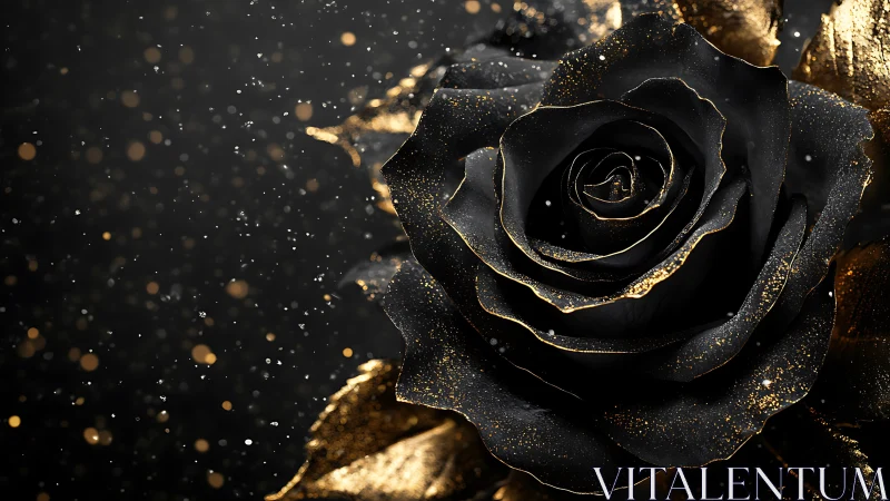 Black rose with metallic gold accents is rendered in close-up