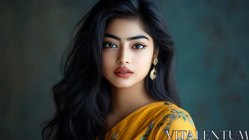 Elegant portrait of young woman in yellow sari, soft lighting.