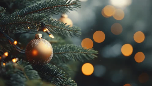 Golden Christmas ornament hangs amid warm festive bokeh lights