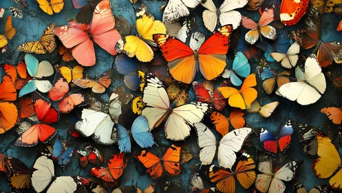 Colorful butterflies cluster tightly across textured surface
