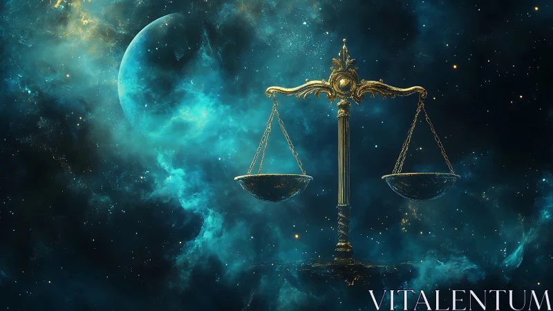 Golden balance scale floats in cosmic nebula sky