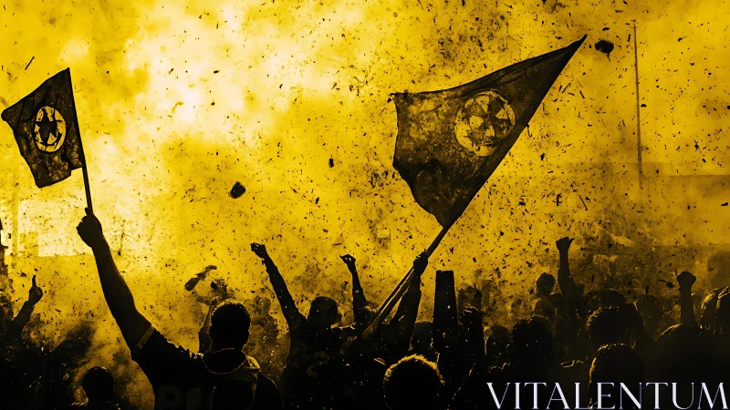 Crowd celebration under yellow smoke with waving flags.