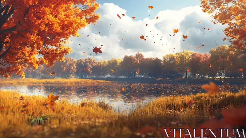 Golden autumn leaves dance softly above a tranquil lakeshore