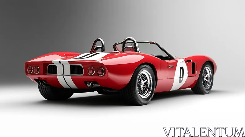 Red vintage race roadster with white stripes in studio.