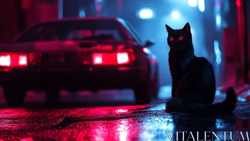 Neon-eyed black cat waits on rain-slick cyberpunk street.