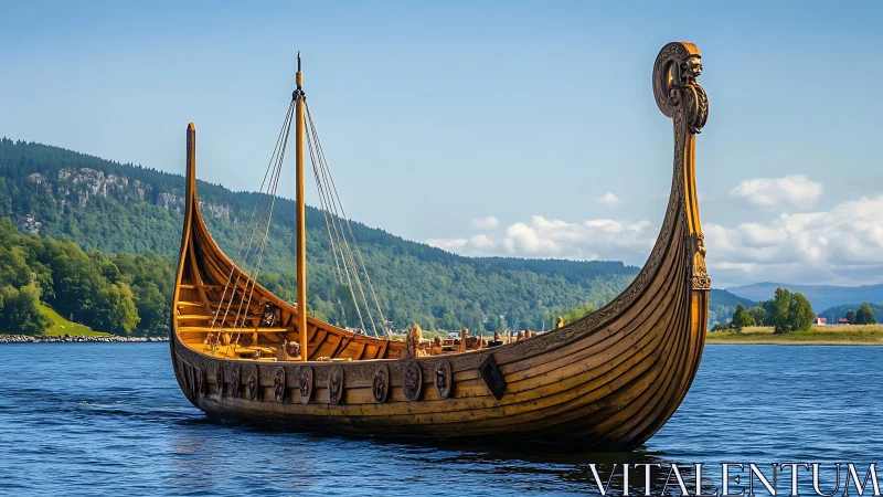 Dragon-prowed Viking longship drifting on bright fjord waters.