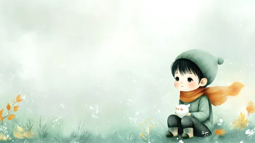 Cozy little child and pet bird sharing a soft autumn day.