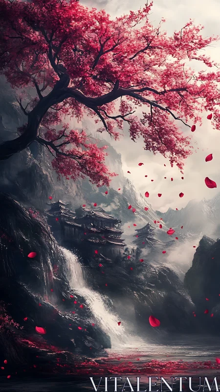 Crimson blossoms over misted falls and tiered temples.