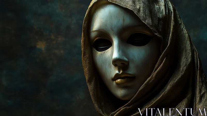 Veiled metallic mask gazes from shadowed teal depths