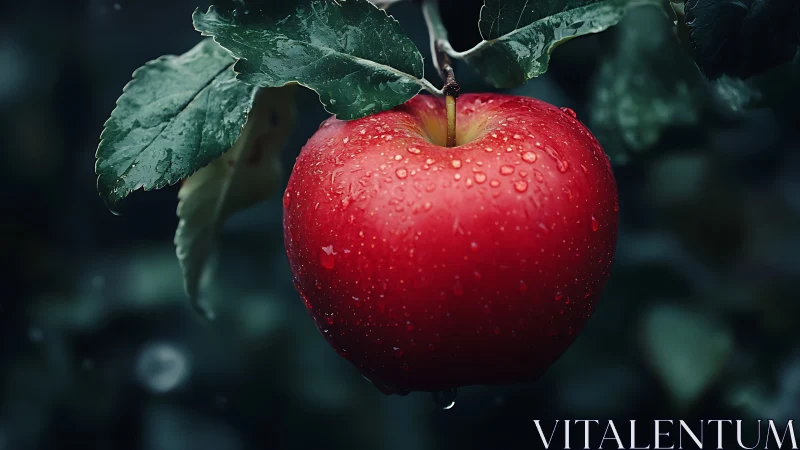 Macro study of dew-covered red apple against dark foliage