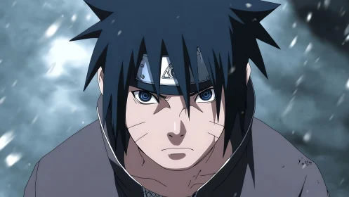 Storm-eyed ninja stands steady beneath swirling snowfall.