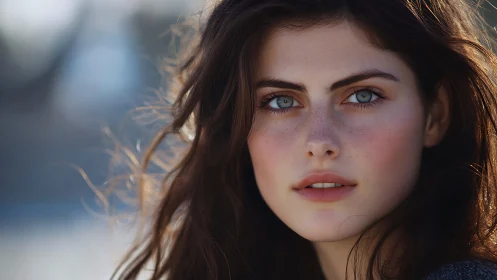 Sunlit close-up portrait captures calm, freckled beauty