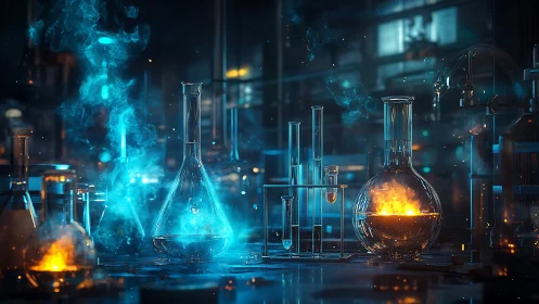 Glowing chemical reactions animate a futuristic lab bench.