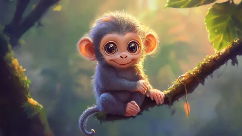 Digital painting of wide-eyed baby monkey on forest branch