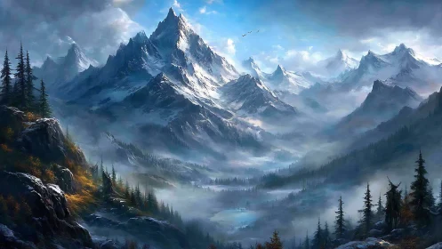 Layered alpine mountain range rendered with atmospheric perspective