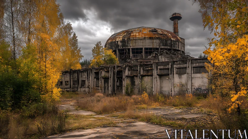 Derelict concrete reactor dome amid overgrown autumn forest.