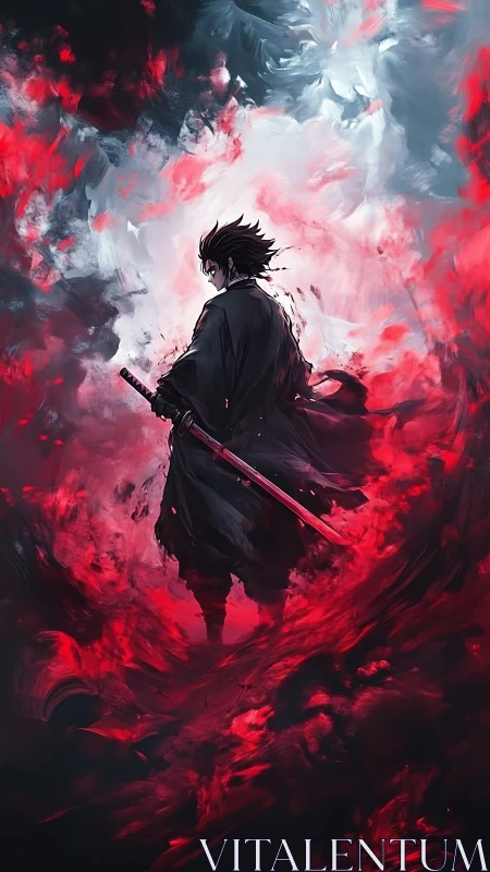 Lone anime swordsman wrapped in swirling fire and storm.