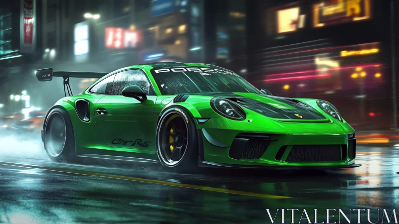 Neon green GT race car accelerates through wet cyber city street