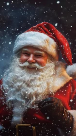 Festive Santa portrait in softly falling winter snowfall.