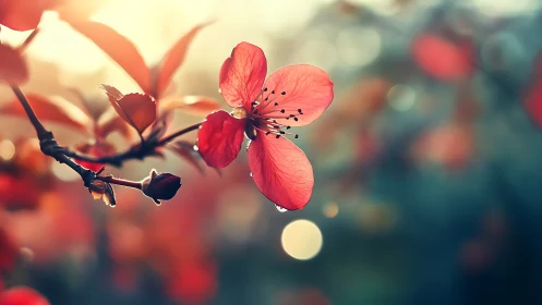 Red Blossom Branch Captured in Warm Sunlit Bokeh Environment